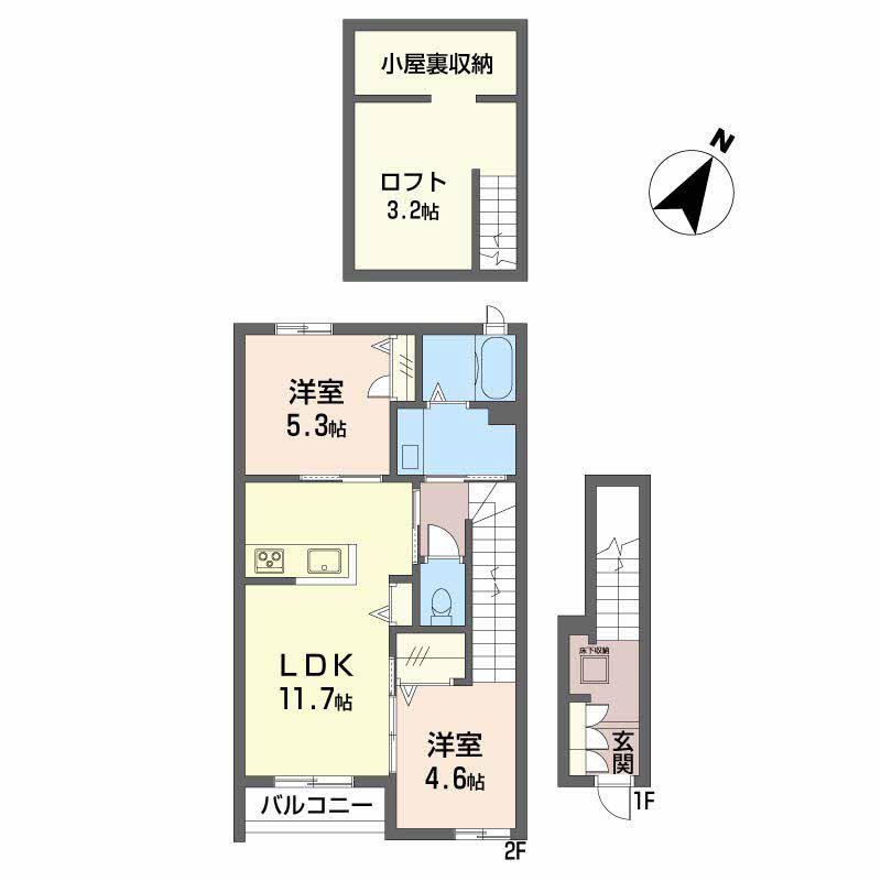 プロムノワール湯田温泉駅前アルザス(2LDK/2階)の間取り写真