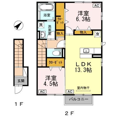 ウィット室積Ⅲ(2LDK/2階)の間取り写真