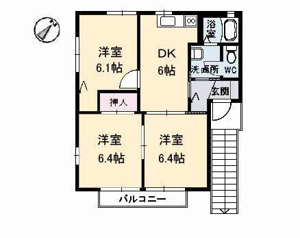 シャルマン C棟(3DK/1階)の間取り写真
