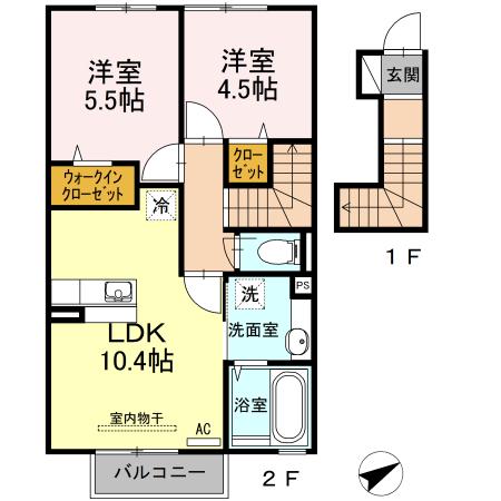 アイネヴェルト仁保津(2LDK/2階)の間取り写真