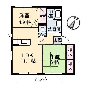 シャーメゾン朝海B棟(2LDK/1階)の間取り写真