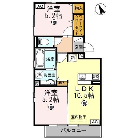 ウィルコート小郡三軒屋町 A棟(2LDK/2階)の間取り写真