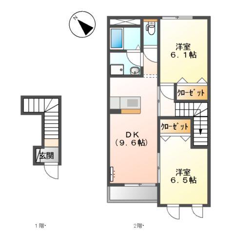 エクセルシア永源山ウィング(2DK/2階)の間取り写真