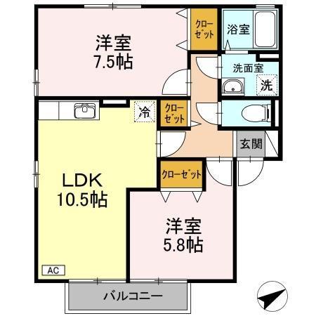 ラ リビエール ヴィラージュ(2LDK/2階)の間取り写真
