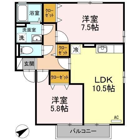 ラ リビエール ヴィラージュ(2LDK/1階)の間取り写真