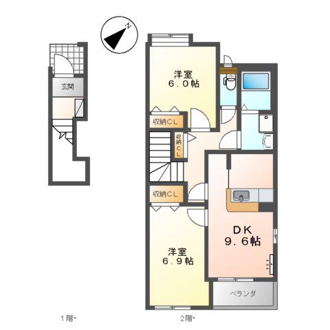 HILLS ARO(2DK/2階)の間取り写真