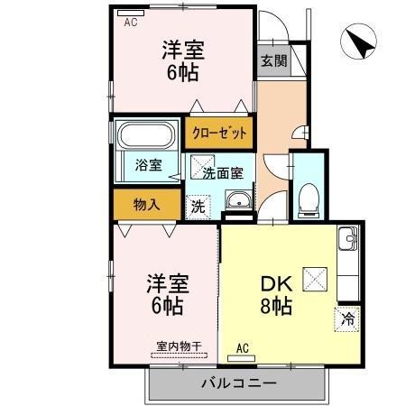 グランモアキワラB(2DK/1階)の間取り写真