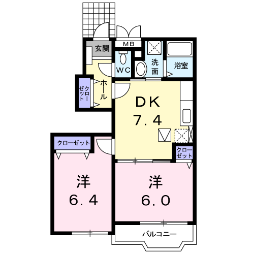 カレッジコート E(2DK/1階)の間取り写真