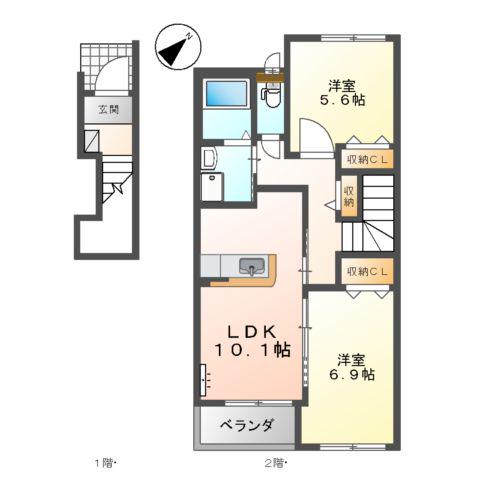カーサ 高須(2LDK/2階)の間取り写真