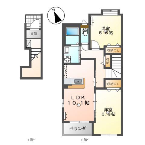 ウイングコート 中原Ⅱ(2LDK/2階)の間取り写真