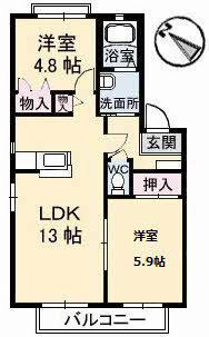 コスモス川棚B棟(2LDK/1階)の間取り写真
