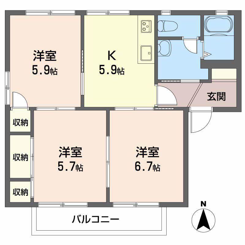 グランカーサ安岡Ⅰ(3K/1階)の間取り写真