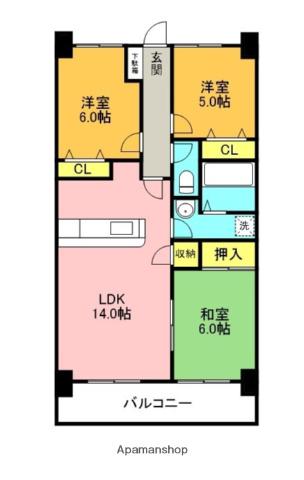 グランディール矢三C(3LDK/3階)の間取り写真