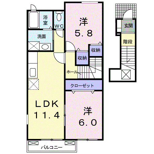 ラ・メゾン アンソレイエ B(2LDK/2階)の間取り写真