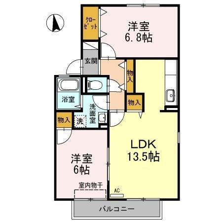 ルミナス山城 B(2LDK/1階)の間取り写真