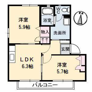 ヴィラージュマルイB棟(2DK/2階)の間取り写真