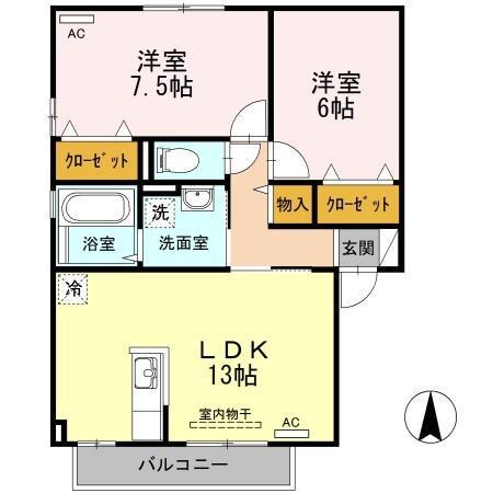 シャトーショコラE棟(2LDK/2階)の間取り写真