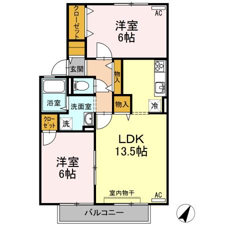 ハイカムール田中 C棟(2LDK/1階)の間取り写真