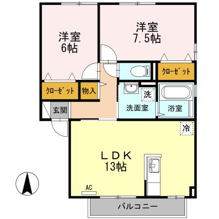 シャトーショコラB棟(2LDK/2階)の間取り写真