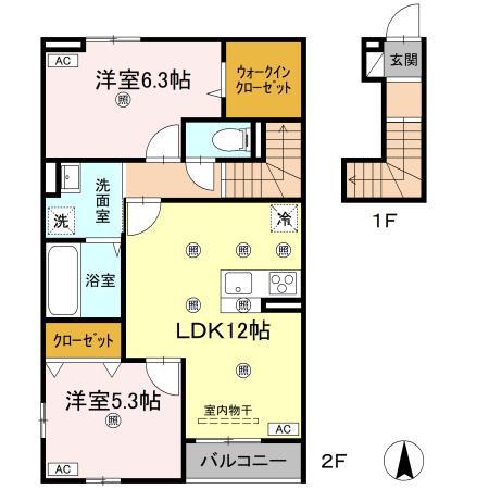 グランツ上福万 B棟(2LDK/2階)の間取り写真