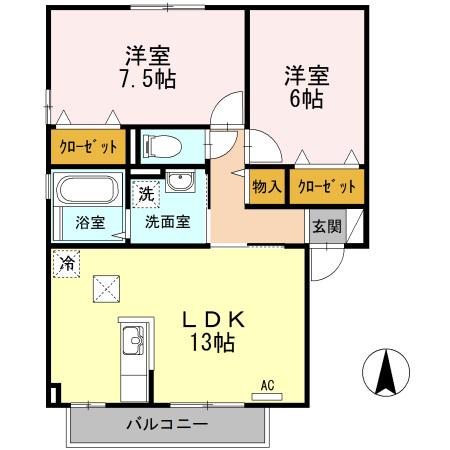 シャトーショコラB棟(2LDK/1階)の間取り写真