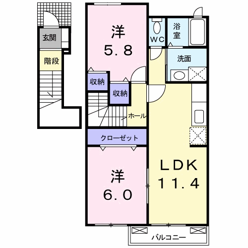 プレ ブリッジ シェトワ Ⅱ(2LDK/2階)の間取り写真