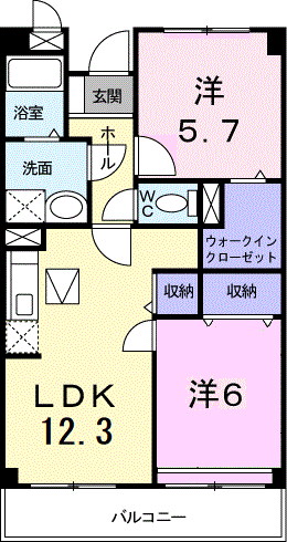 カルム香西(2LDK/1階)の間取り写真