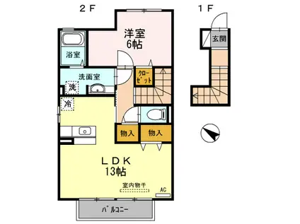 御所アリビオ B棟(1LDK/2階)の間取り写真