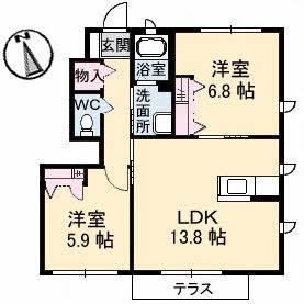 セントラル ヴィラッジュ B棟(2LDK/1階)の間取り写真