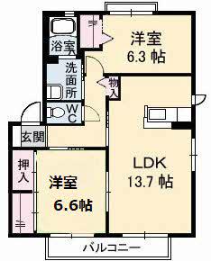 グリーンハイツ木太 D(2LDK/2階)の間取り写真