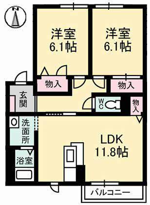 シャンベール B(2LDK/2階)の間取り写真