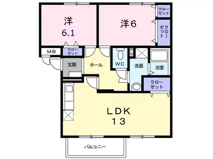 ニューエルディム小山B(2LDK/1階)の間取り写真