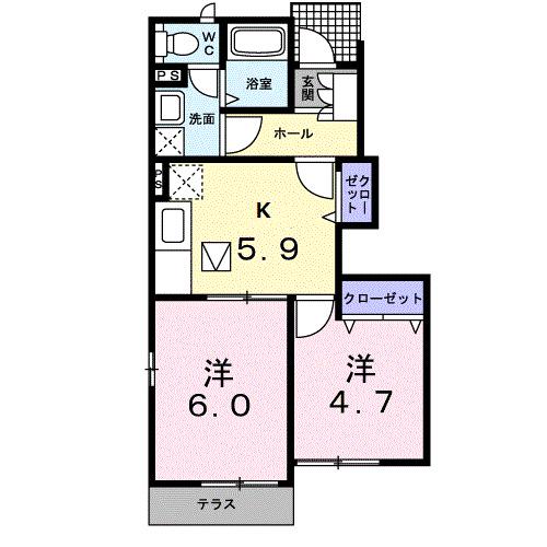 アヴァン・フォンテーヌA棟(2K/1階)の間取り写真