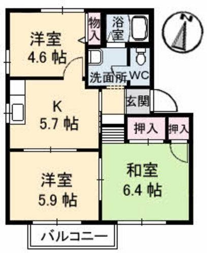 ドミール北内C棟(3K/1階)の間取り写真