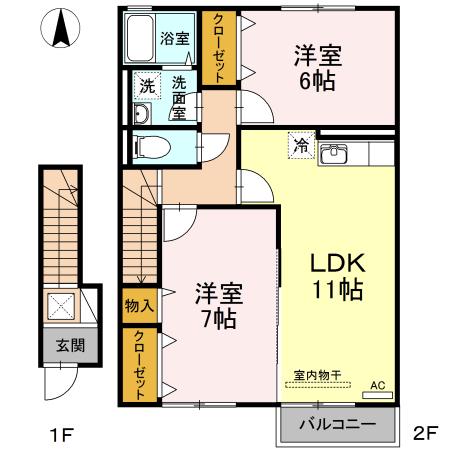 カンファートB棟(2LDK/2階)の間取り写真
