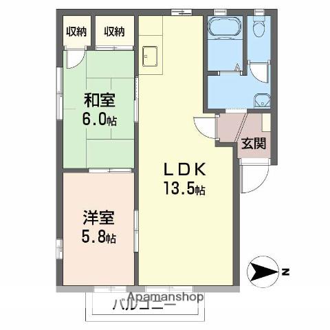 ディアスイースト B棟(2LDK/1階)の間取り写真