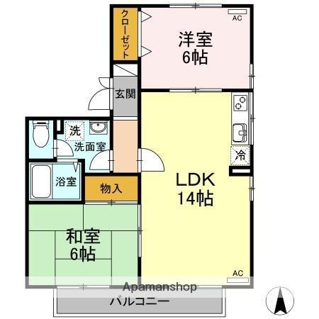 ハイカムール 南 B棟(2LDK/1階)の間取り写真