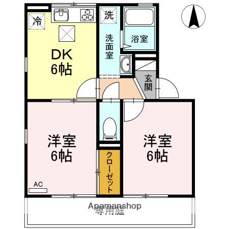 ハイカムールハピネスB棟(2DK/1階)の間取り写真