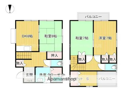 伊予鉄道環状線 勝山町駅 徒歩5分 2階建 築30年(3SDK)の間取り写真