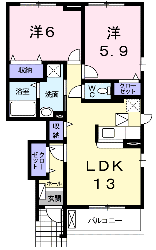 プラシードカーサⅡ(2LDK/1階)の間取り写真