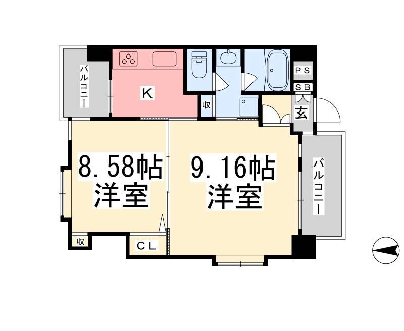 ウインドパレス歩行町(2K/9階)の間取り写真