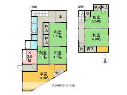 とさでん交通桟橋線 桟橋通一丁目駅 徒歩5分 2階建 築66年(6K)の間取り写真