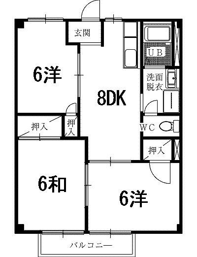 カレントハウスⅡC(3DK/2階)の間取り写真