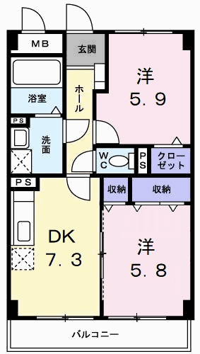 グランデール一本松(2DK/2階)の間取り写真