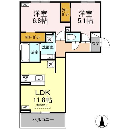 トリシア野多目I I(2LDK/3階)の間取り写真
