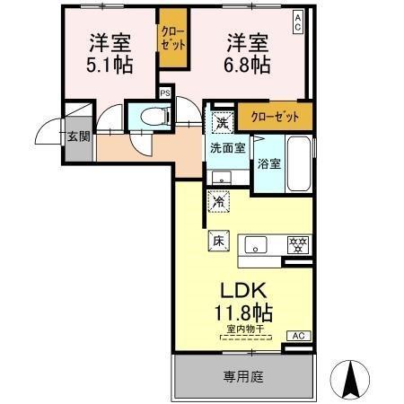 トリシア野多目I I(2LDK/1階)の間取り写真