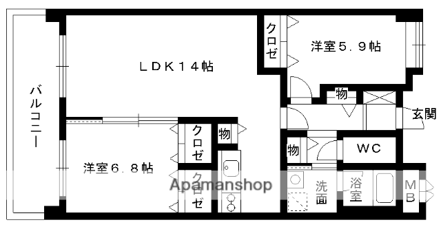 リジェール箱崎(2LDK/9階)の間取り写真