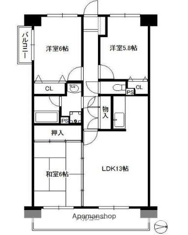 ロイヤルガーデン那珂川(3LDK/6階)の間取り写真
