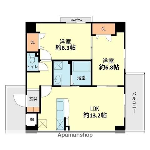 ブルージュ春日野(2LDK/6階)の間取り写真