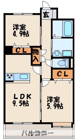 レシェンテ・ヴィラ福間(2LDK/4階)の間取り写真